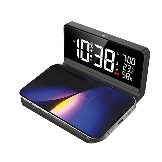 Digitální hodiny s Qi bezdrátovým nabíjením 10W, budík, datum, teplota, vlhkost