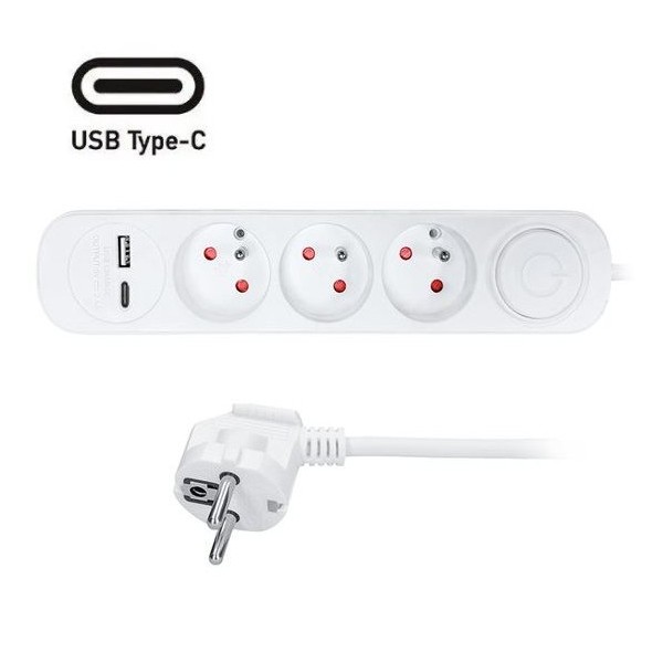 Prodlužovací přívod s vypínačem Solight PP111USBC, 3x zásuvka, 2xUSB A+C 2.4A, 2m
