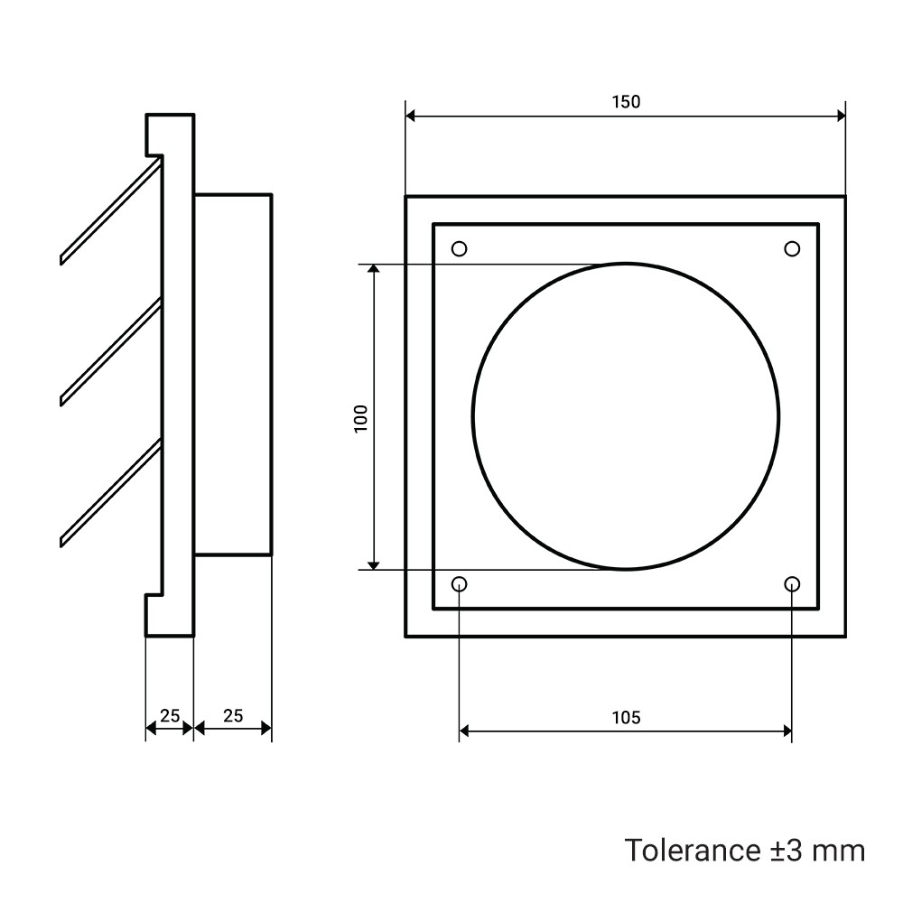Větrací mřížka se žaluzií a přírubou GP 100 RNFG ASA, 150x150 mm / Ø 100 mm, bílá