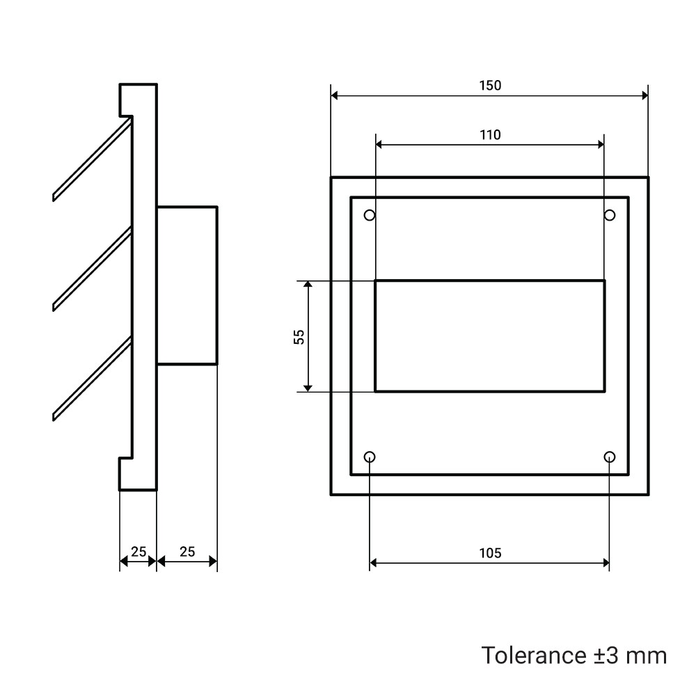 Větrací mřížka se žaluzií a přírubou GP 110x55 RNFG ASA, 150x150 mm / 110x55 mm, bílá