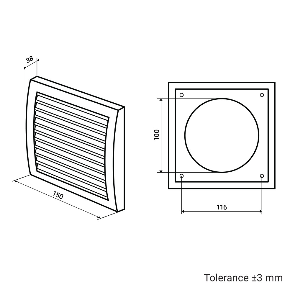 Plastová větrací mřížka s pevnou žaluzií Dalap GP 100 RNF ASA, 150x150 mm / Ø 100 mm, bílá