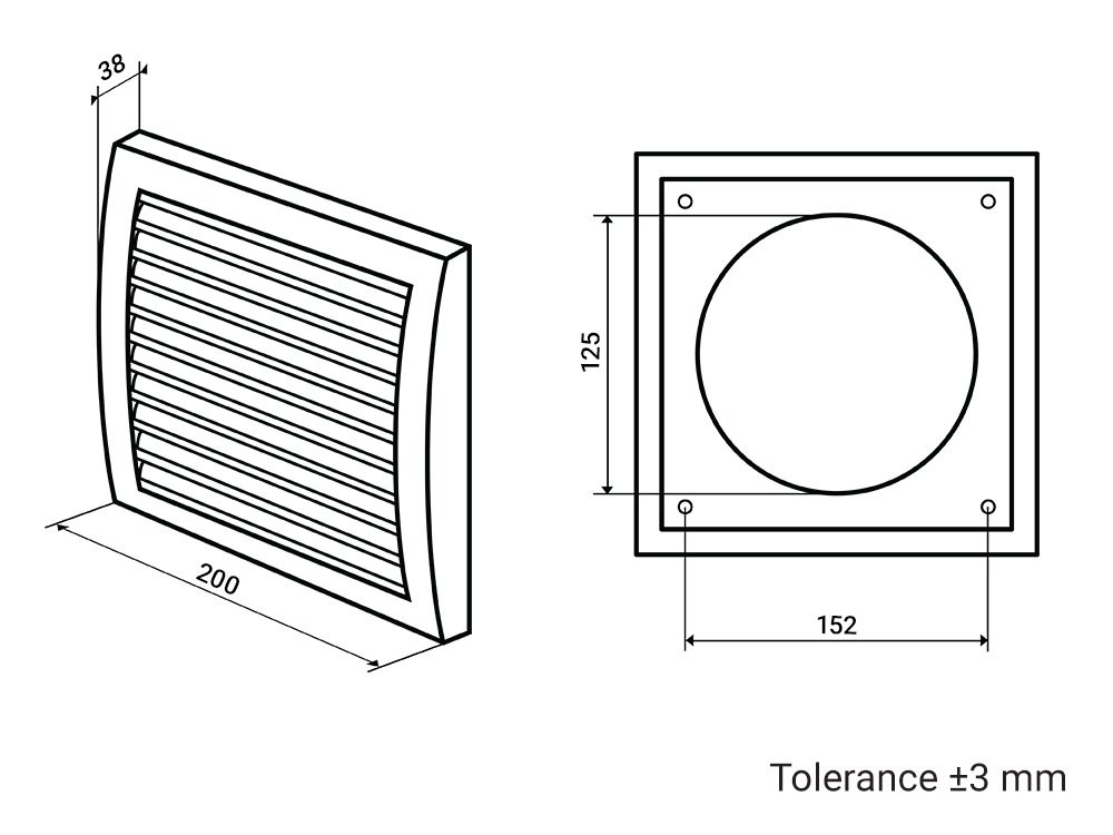 Plastová větrací mřížka s regulací a přírubou Dalap GP 125 RNFP ASA, 200x200 mm / Ø 125 mm, bílá