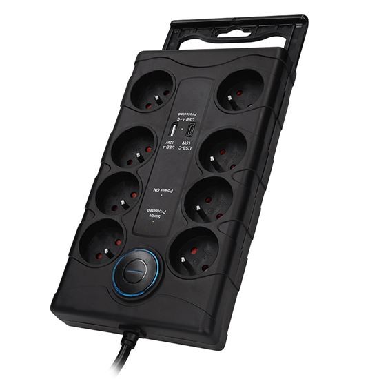 Solight PO80B přepěťová ochrana, 8z, USB A+C, 2m, černá
