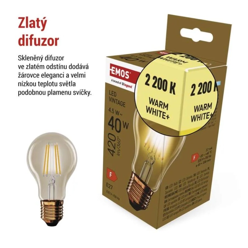 LED žárovka VINTAGE A60, E27, 4.5W, 2200K, 420lm - teplá bílá