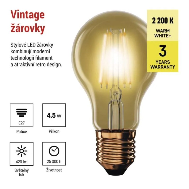 LED žárovka VINTAGE A60, E27, 4.5W, 2200K, 420lm - teplá bílá