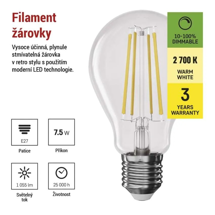 LED žárovka EMOS Filament A60 / E27 / 7,5W