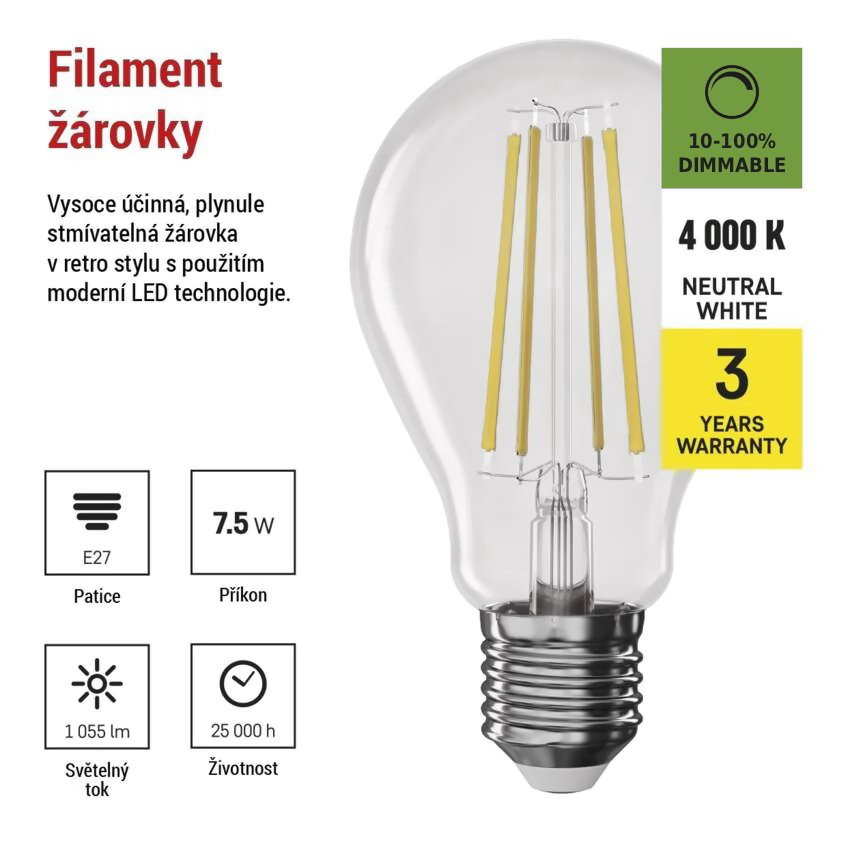 LED žárovka EMOS Filament A60 / E27 / 7,5W